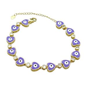 Copper Heart Lavender Enamel Evil Eye Bracelet Pave Zircon Gold Plated, approx 9.5mm, 18-25cm length [FN30812]