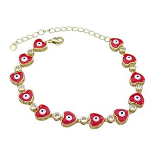Copper Heart Red Enamel Evil Eye Bracelet Pave Zircon Gold Plated, approx 9.5mm, 18-25cm length [FN30813]