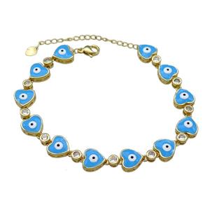 Copper Heart Blue Enamel Evil Eye Bracelet Pave Zircon Gold Plated, approx 9.5mm, 18-25cm length [FN30814]