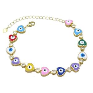 Copper Heart Multicolor Enamel Evil Eye Bracelet Pave Zircon Gold Plated, approx 9.5mm, 18-25cm length [FN30815]