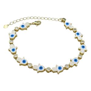 Copper HamsaHand White Enamel Evil Eye Bracelet Pave Zircon Gold Plated, approx 9-11mm, 17-24cm length [FN30816]