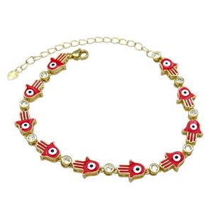 Copper HamsaHand Red Enamel Evil Eye Bracelet Pave Zircon Gold Plated, approx 9-11mm, 17-24cm length [FN30821]
