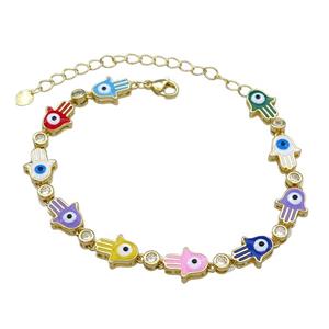 Copper HamsaHand Multicolor Enamel Evil Eye Bracelet Pave Zircon Gold Plated, approx 9-11mm, 17-24cm length [FN30822]