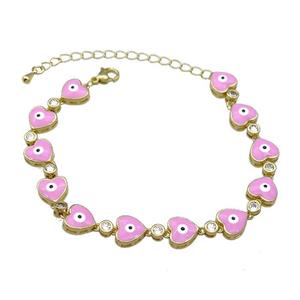 Copper Heart Bracelet Evil Eye Pink Enamel Gold Plated, approx 9.5mm, 18-25cm length [FN30851]