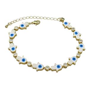 Copper Hamsahand Bracelet Evil Eye White Enamel Gold Plated, approx 9-11mm, 17-24cm length [FN30857]