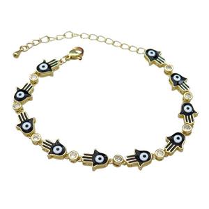 Copper Hamsahand Bracelet Evil Eye Black Enamel Gold Plated, approx 9-11mm, 17-24cm length [FN30858]