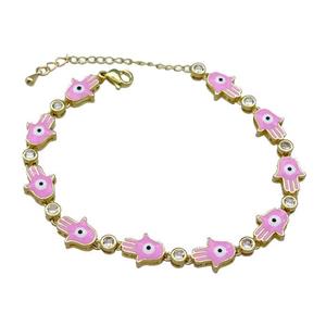 Copper Hamsahand Bracelet Evil Eye Pink Enamel Gold Plated, approx 9-11mm, 17-24cm length [FN30859]