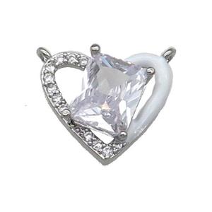 Copper Heart Pendant Pave Zircon With 2loops White Enamel Platinum Plated, approx 15-17.5mm [FN30918]