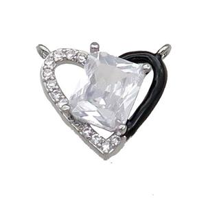 Copper Heart Pendant Pave Zircon Black Enamel Platinum Plated, approx 15-17.5mm [FN30919]