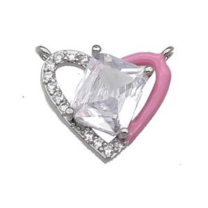 Copper Heart Pendant Pave Zircon Pink Enamel Platinum Plated, approx 15-17.5mm [FN30920]