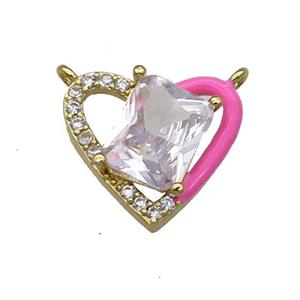 Copper Heart Pendant Pave Zircon Hotpink Enamel Gold Plated, approx 15-17.5mm [FN30927]