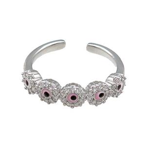 Copper Ring Pave Zircon Pink Enamel Evil Eye Platinum Plated, approx 5mm, 18mm dia [FN30946]