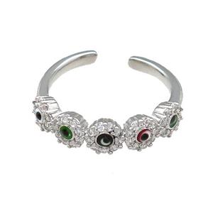 Copper Ring Pave Zircon Multicolor Enamel Evil Eye Platinum Plated, approx 5mm, 18mm dia [FN30948]