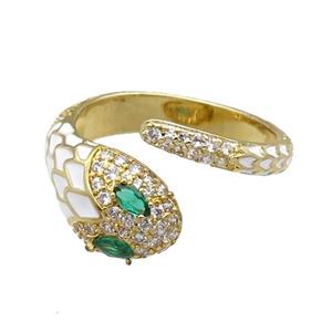 Copper Snake Ring Pave Zircon White Enamel Gold Plated, approx 9.5mm, 18mm dia [FN30981]