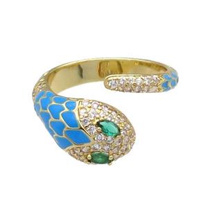 Copper Snake Ring Pave Zircon Blue Enamel Gold Plated, approx 9.5mm, 18mm dia [FN30983]