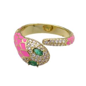 Copper Snake Ring Pave Zircon Pink Enamel Gold Plated, approx 9.5mm, 18mm dia [FN30985]