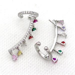 Copper Clip Earring Pave Multicolor Zircon Platinum Plated, approx 4mm, 14.5mm, 30mm [FN31015]