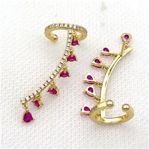 Copper Clip Earring Pave Hotpink Zircon Gold Plated, approx 4mm, 14.5mm, 30mm [FN31018]