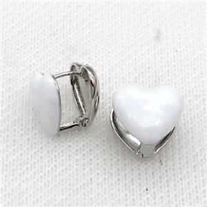 Copper Latchback Earring White Enamel Heart Platinum Plated, approx 13mm [FN31035]