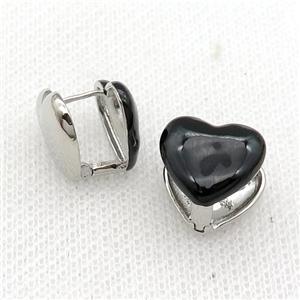 Copper Latchback Earring Black Enamel Heart Platinum Plated, approx 13mm [FN31036]