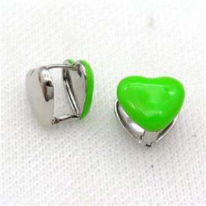 Copper Latchback Earring Green Enamel Heart Platinum Plated, approx 13mm [FN31038]