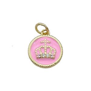 Copper Circle Crown Pendant Pink Enamel Gold Plated, approx 11.5mm dia [FN31084]