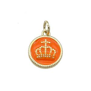 Copper Circle Crown Pendant Orange Enamel Gold Plated, approx 11.5mm dia [FN31086]