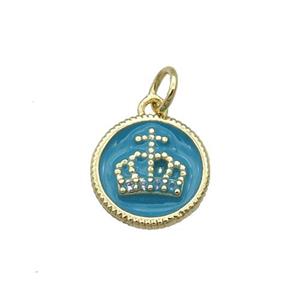 Copper Circle Crown Pendant Teal Enamel Gold Plated, approx 11.5mm dia [FN31090]