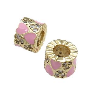Copper Tube Beads Pave Zircon Pink Enamel Large Hole Gold Plated, approx 9mm, 4mm hole [FN31184]