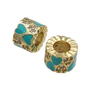 Copper Tube Beads Pave Zircon Green Enamel Large Hole Gold Plated, approx 9mm, 4mm hole [FN31185]