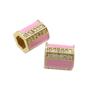 Copper Tube Beads Pave Zircon Pink Enamel Large Hole Gold Plated, approx 7-8mm, 2.5mm hole [FN31190]