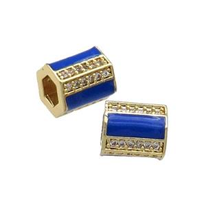 Copper Tube Beads Pave Zircon Blue Enamel Large Hole Gold Plated, approx 7-8mm, 2.5mm hole [FN31192]