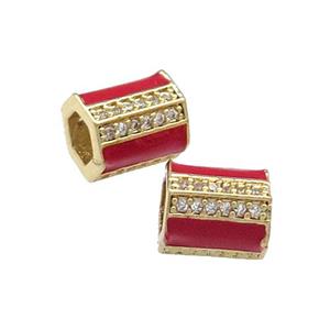 Copper Tube Beads Pave Zircon Red Enamel Large Hole Gold Plated, approx 7-8mm, 2.5mm hole [FN31193]