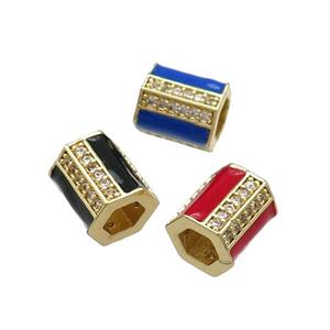 Mix Copper Tube Beads Pave Zircon Enamel Large Hole Gold Plated, approx 7-8mm, 2.5mm hole [FN31194]