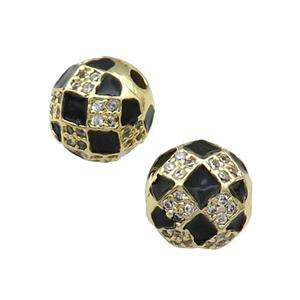 Round Copper Beads Pave Zircon Black Enamel Football Sport Gold Plated, approx 10mm dia [FN31195]