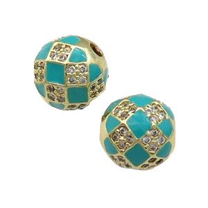 Round Copper Beads Pave Zircon Teal Enamel Football Sport Gold Plated, approx 10mm dia [FN31198]