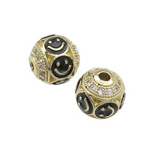 Copper Round Beads Pave Zircon Black Enamel Emoji Gold Plated, approx 10mm dia [FN31207-10MM]