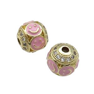 Copper Round Beads Pave Zircon Pink Enamel Emoji Gold Plated, approx 10mm dia [FN31208-10MM]