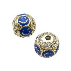 Copper Round Beads Pave Zircon Blue Enamel Emoji Gold Plated, approx 8mm dia [FN31210-8MM]