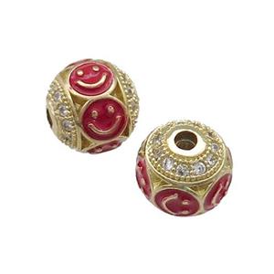 Copper Round Beads Pave Zircon Red Enamel Emoji Gold Plated, approx 10mm dia [FN31211-10MM]
