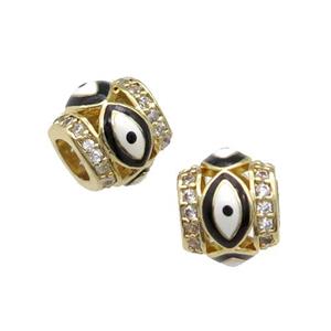 Copper Tube Beads Pave Zircon Black Enamel Evil Eye Large Hole Gold Plated, approx 9-10mm, 5mm hole [FN31213]
