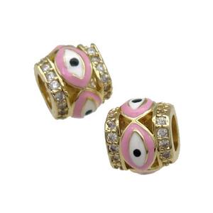 Copper Tube Beads Pave Zircon Pink Enamel Evil Eye Large Hole Gold Plated, approx 9-10mm, 5mm hole [FN31214]