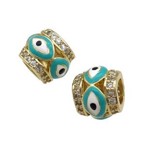 Copper Tube Beads Pave Zircon Green Enamel Evil Eye Large Hole Gold Plated, approx 9-10mm, 5mm hole [FN31215]