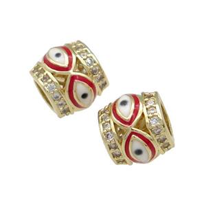 Copper Tube Beads Pave Zircon Red Enamel Evil Eye Large Hole Gold Plated, approx 9-10mm, 5mm hole [FN31216]
