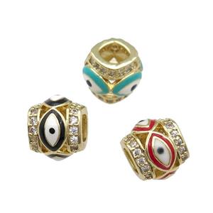 Mixed Copper Tube Beads Pave Zircon Enamel Evil Eye Large Hole Gold Plated, approx 9-10mm, 5mm hole [FN31217]
