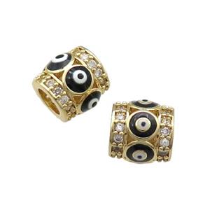 Copper Tube Beads Pave Zircon Black Enamel Evil Eye Large Hole Gold Plated, approx 9-10mm, 5mm hole [FN31218]