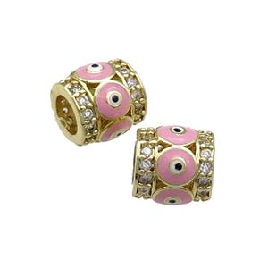 Copper Tube Beads Pave Zircon Pink Enamel Evil Eye Large Hole Gold Plated, approx 9-10mm, 5mm hole [FN31219]