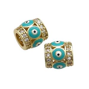 Copper Tube Beads Pave Zircon Teal Enamel Evil Eye Large Hole Gold Plated, approx 9-10mm, 5mm hole [FN31220]