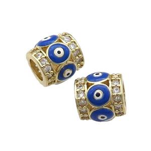 Copper Tube Beads Pave Zircon Blue Enamel Evil Eye Large Hole Gold Plated, approx 9-10mm, 5mm hole [FN31221]