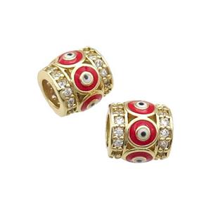 Copper Tube Beads Pave Zircon Red Enamel Evil Eye Large Hole Gold Plated, approx 9-10mm, 5mm hole [FN31222]